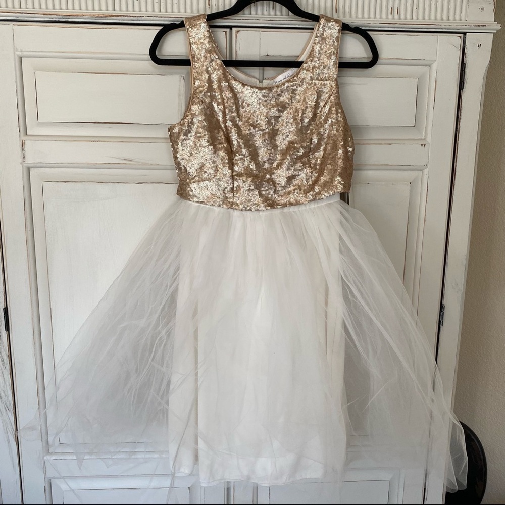 NWT Honey & Rosie Formal Gold & White Sparkly Mini Formal Dress HOCO Sz 3 Fancy